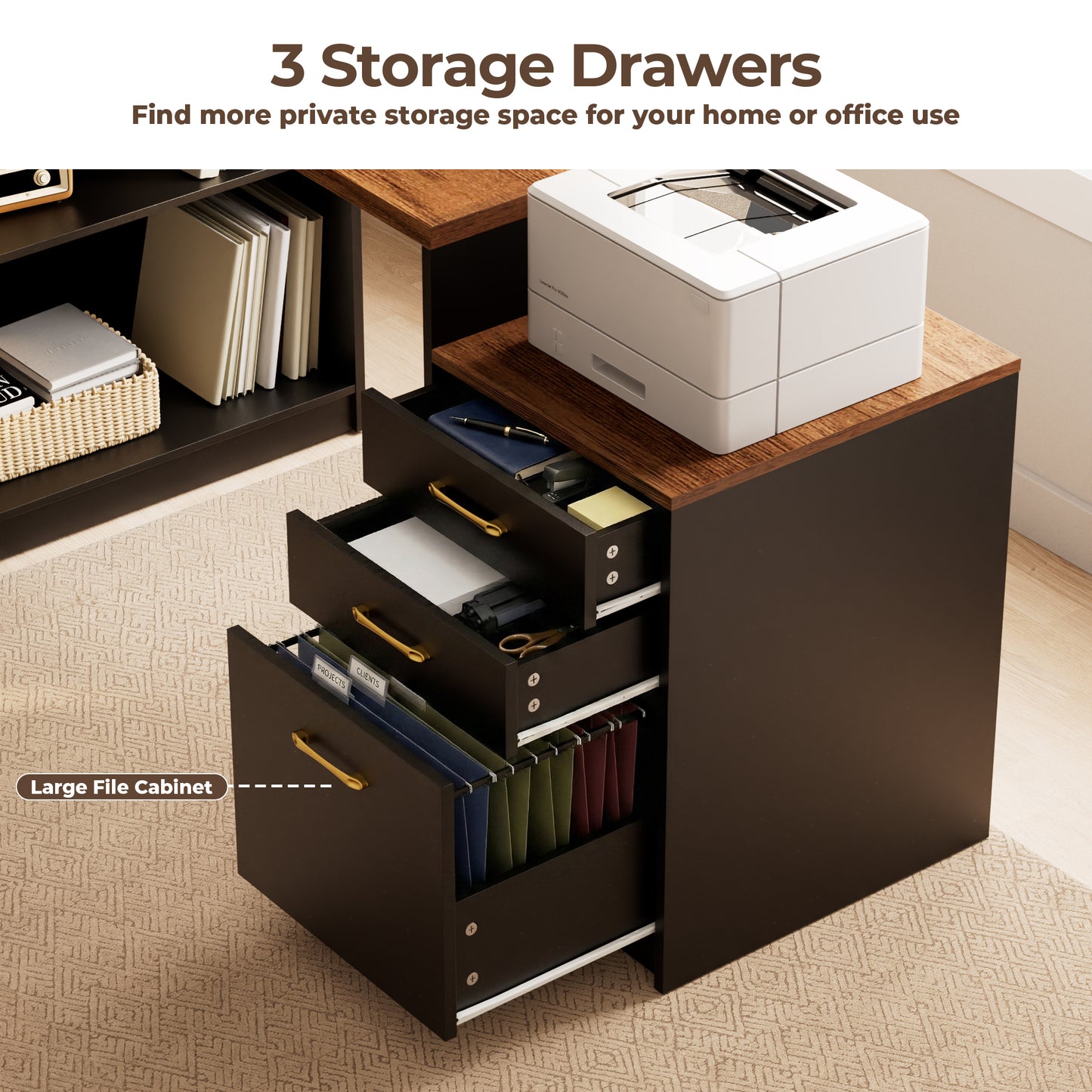 Pikvki L Shaped Computer Desk with Drawers, Office Desk with Power Outlets, Storage Cabinet and Long Monitor Stand for Home Office