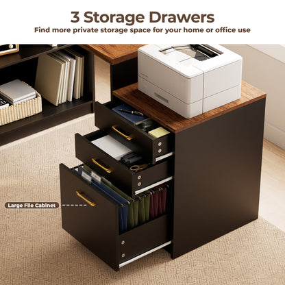 Pikvki L Shaped Computer Desk with Drawers, Office Desk with Power Outlets, Storage Cabinet and Long Monitor Stand for Home Office
