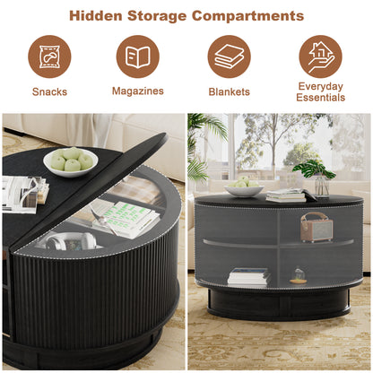 Pikvki Rotatable Round Coffee Table with Storage & Fluted Sliding Doors, 31.5" Modern Wooden Center Table for Living Room