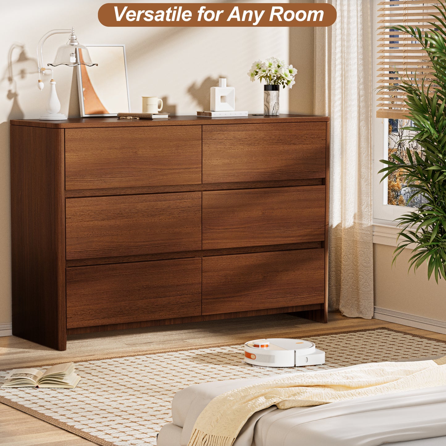 Pikvki 6-Drawer Double Dresser with Charging Station for Bedroom, Modern 47" Wide Chest of Drawers for Living Room