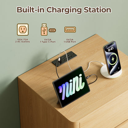 Pikvki Nightstand with Charging Station Set of 2, Modern Bedside Table End Table with LED Lights & 2 Drawer for Bedroom, Living Room