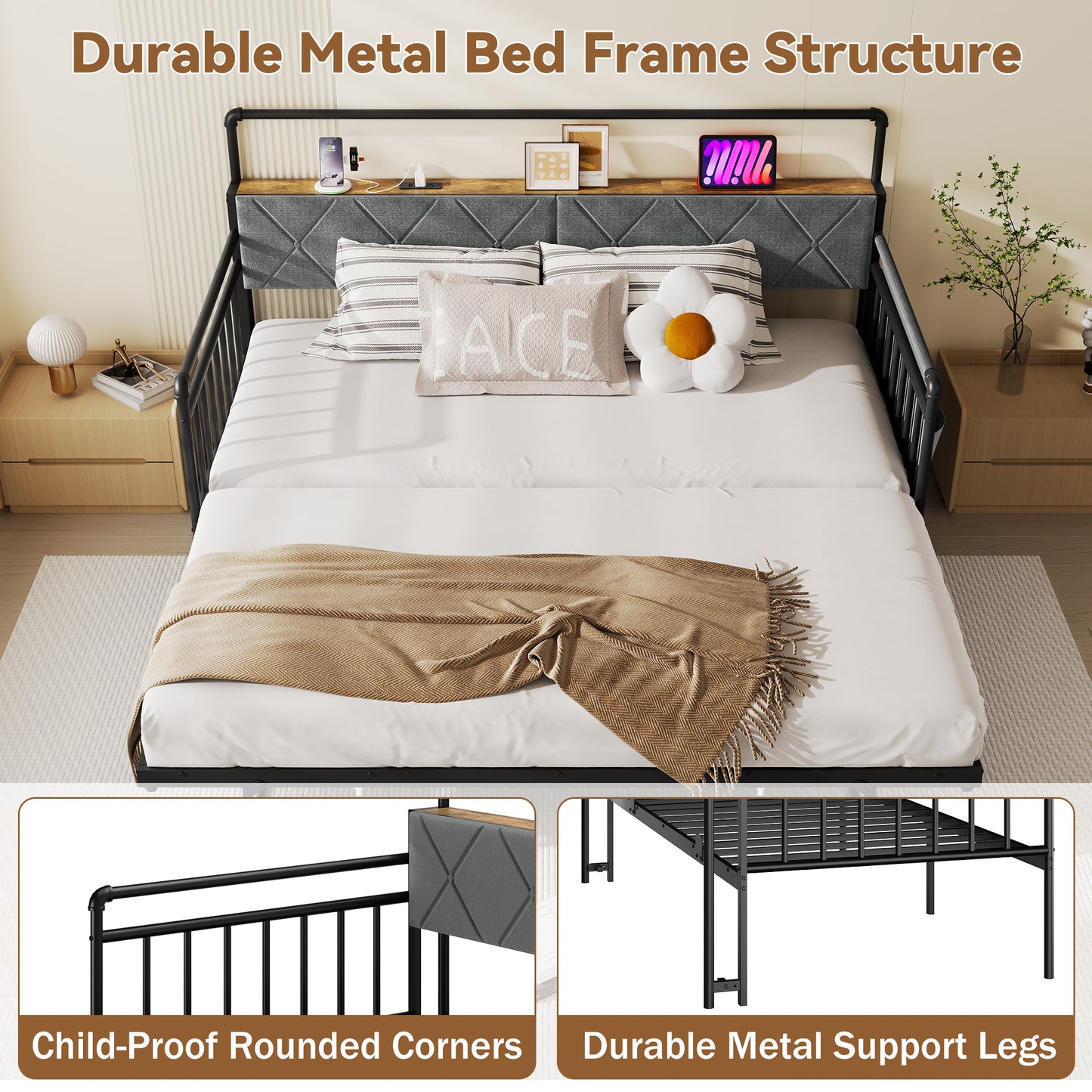 Pikvki Daybed with Charging Station & Side Pocket, Pop-upTrundle with Upholstered Storage Headboard, LED Light Sofa Bed for Living Room/Bedroom, Black