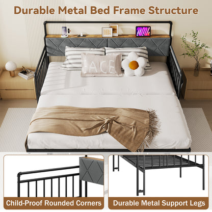 Pikvki Daybed with Charging Station & Side Pocket, Pop-upTrundle with Upholstered Storage Headboard, LED Light Sofa Bed for Living Room/Bedroom, Black
