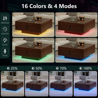 Pikvki Square Lift Top Coffee Table, 31.5" Wooden Coffee Table with 2 Drawers, LED Lights & Charging Station, Mid Century Modern Center Table for Living Room (Black)