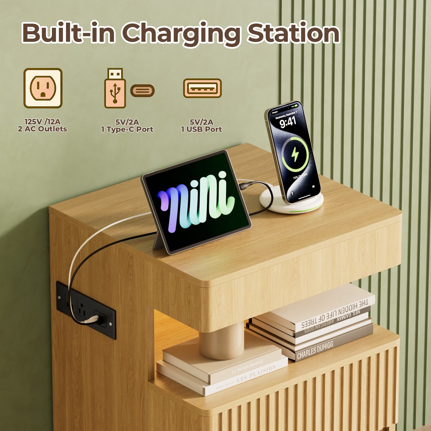 Pikvki Fluted Nightstand with Charging Station & LED Light, Modern End Table with 3 Storage Drawers and Pull-Out Tabletop for Bedroom, Living Room
