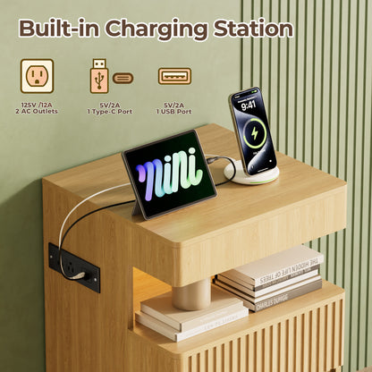Pikvki Fluted Nightstand with Charging Station & LED Light, Modern End Table with 3 Storage Drawers and Pull-Out Tabletop for Bedroom, Living Room