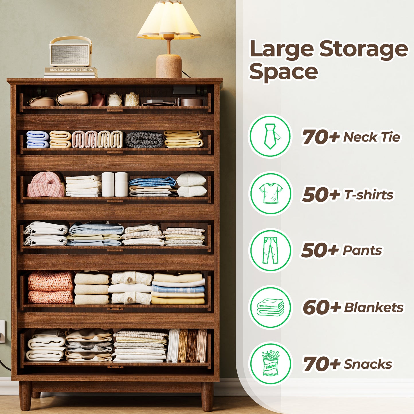 Pikvki Fluted 6 Drawer Dresser with Charging Station for Bedroom, 49" Modern Tall Chest of Drawers for Closet