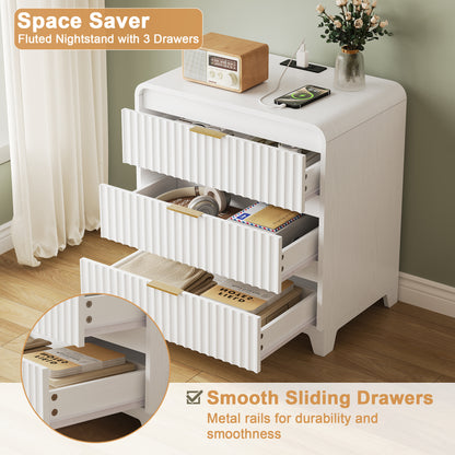 Pikvki Fluted Nightstand with Storage, 3 Drawers Wood Bed Side Table with Charging Station, Modern End Side Table for Bedroom Furniture Living Room Sofa