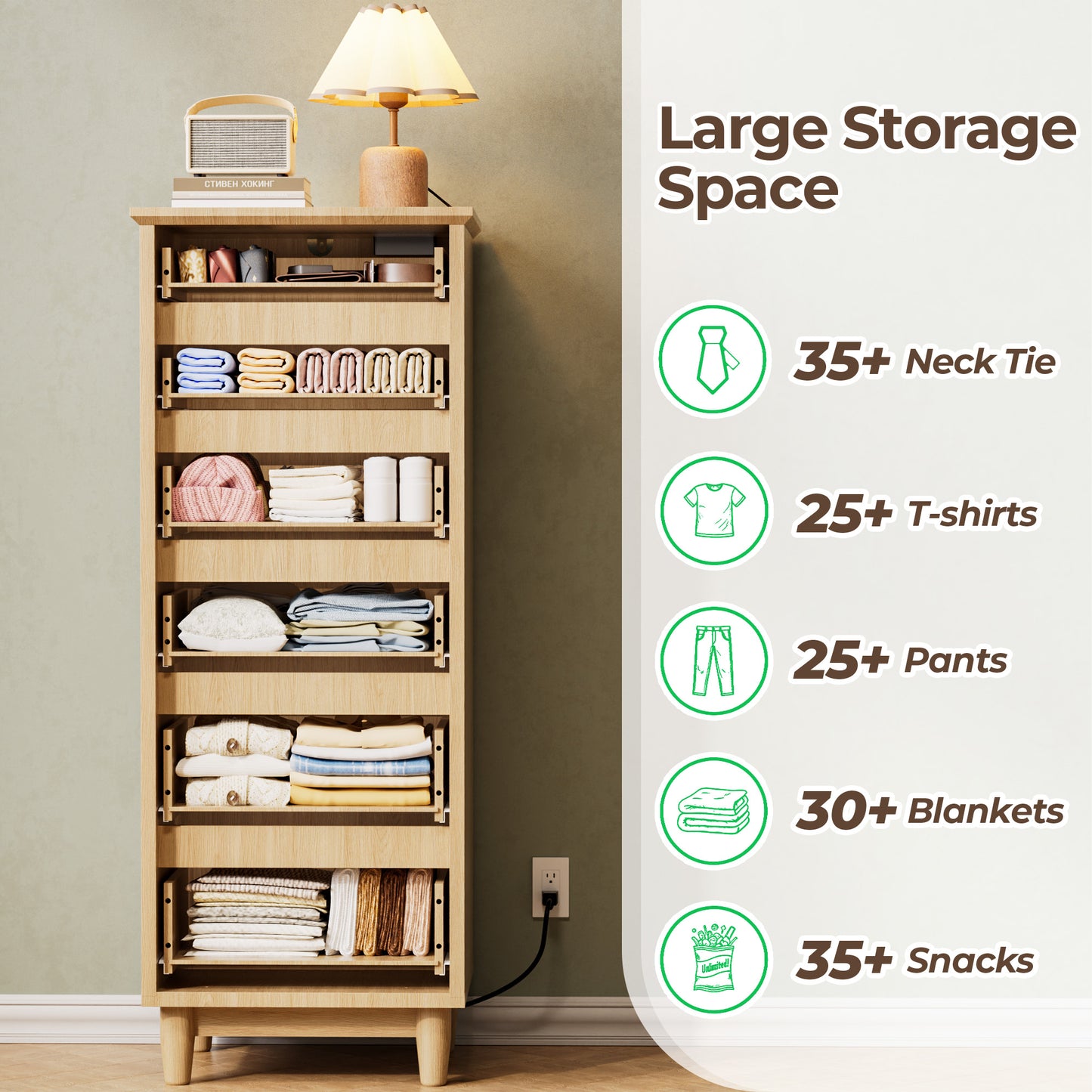 Pikvki Fluted 6 Drawer Dresser with Charging Station for Bedroom, 49" Modern Tall Narrow Chest of Drawers for Closet