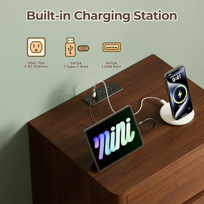 Pikvki Nightstand with Charging Station Set of 2, Modern Bedside Table End Table with LED Lights & 2 Drawer for Bedroom, Living Room