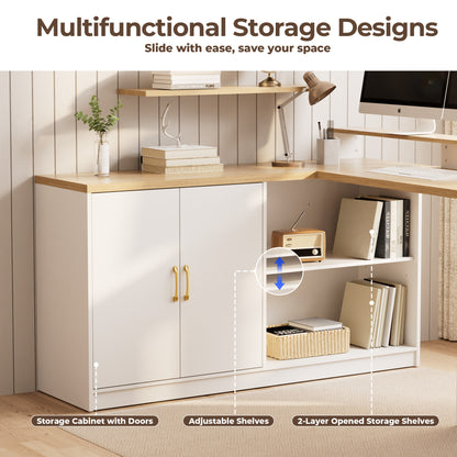 Pikvki L Shaped Computer Desk with Drawers, Office Desk with Power Outlets, Storage Cabinet and Long Monitor Stand for Home Office