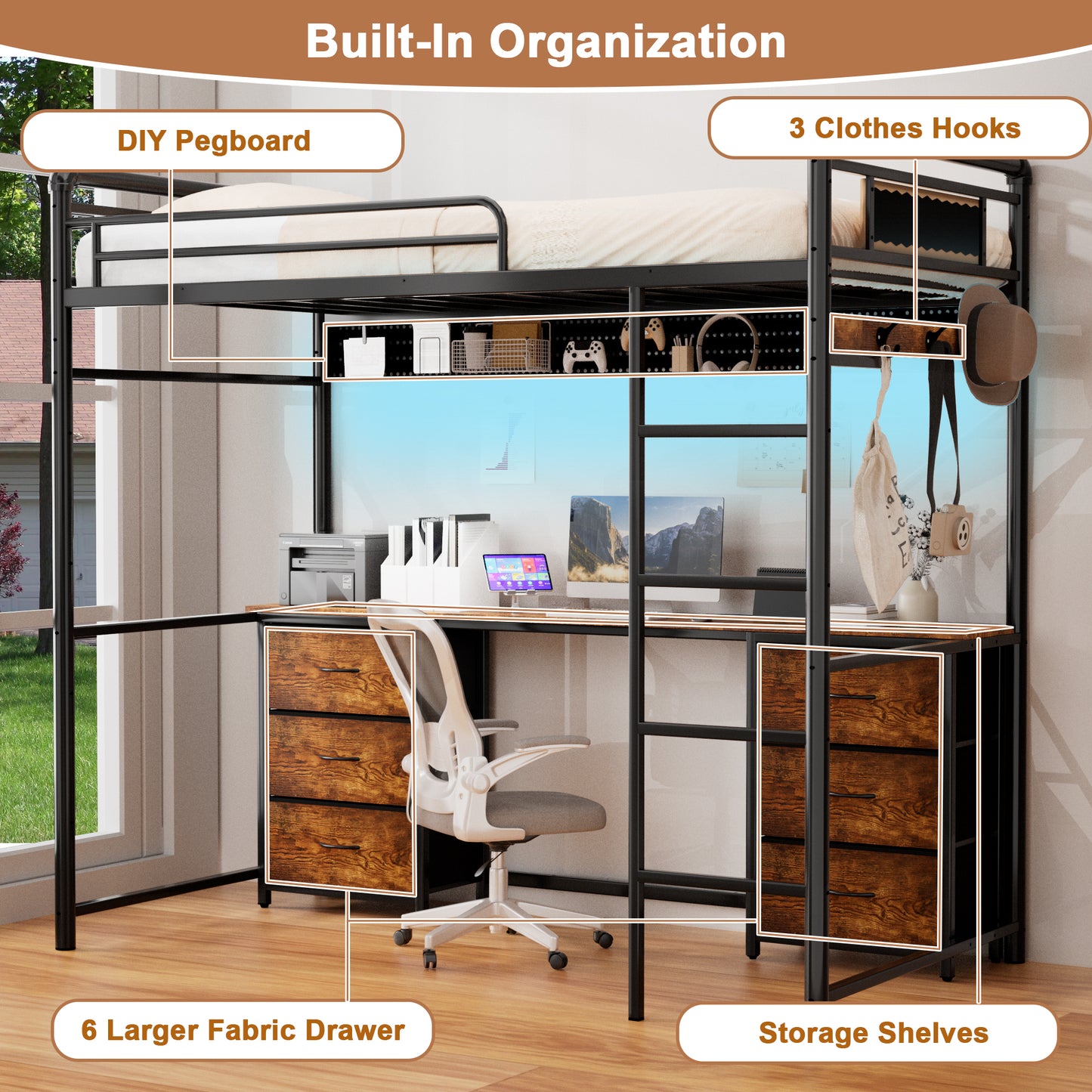 Pikvki Rustic Loft Bed Twin Size with Desk & 6 Fabric Drawers, Industrial Metal Loft Bed with LED & Charging Station for Bedroom