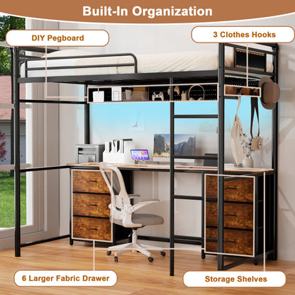 Pikvki Rustic Loft Bed Twin Size with Desk & 6 Fabric Drawers, Industrial Metal Loft Bed with LED & Charging Station for Bedroom
