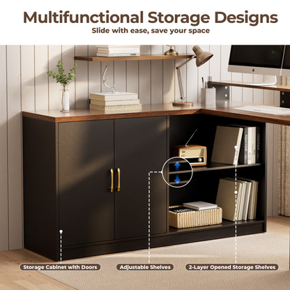 Pikvki L Shaped Computer Desk with Drawers, Office Desk with Power Outlets, Storage Cabinet and Long Monitor Stand for Home Office