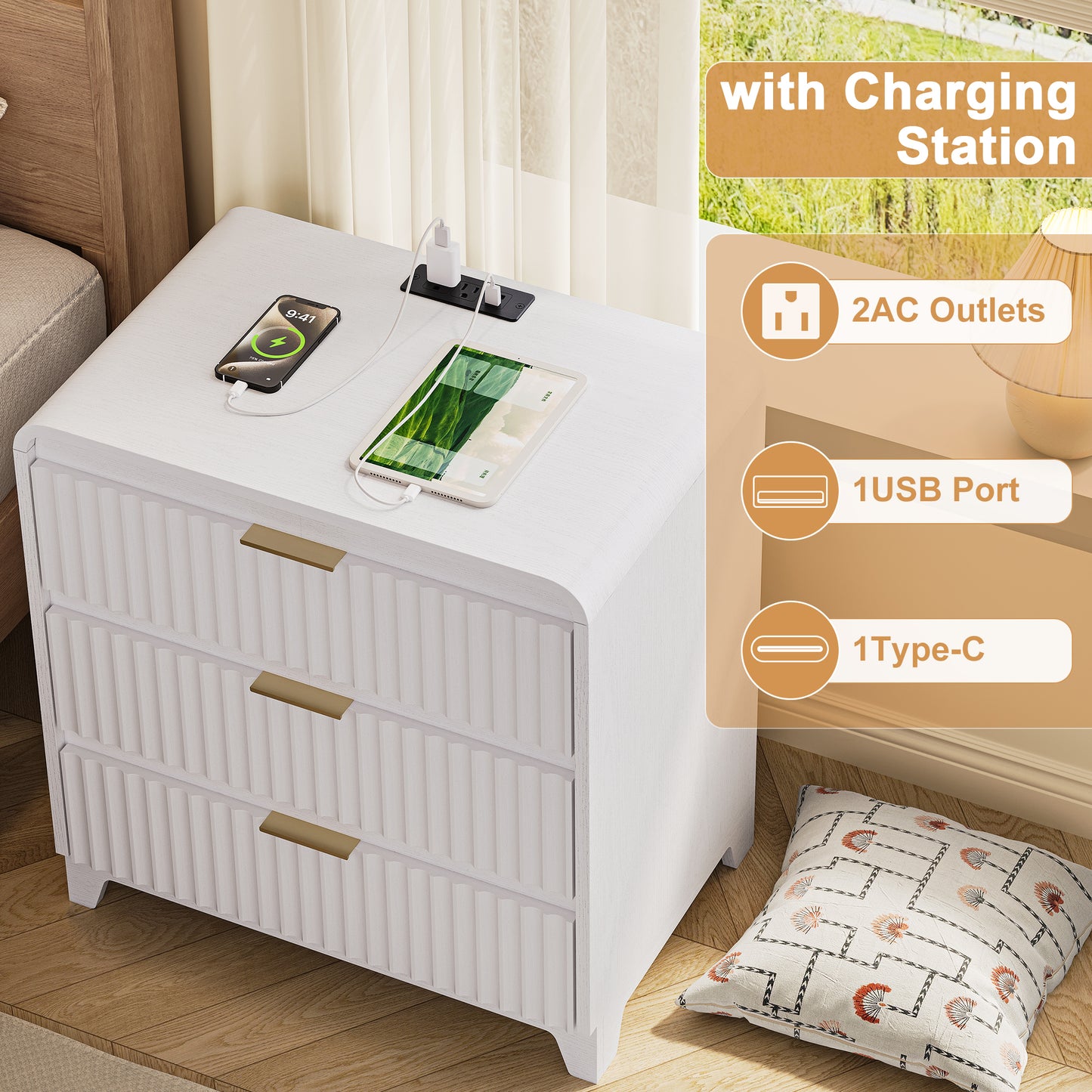 Pikvki Fluted Nightstand with Storage, 3 Drawers Wood Bed Side Table with Charging Station, Modern End Side Table for Bedroom Furniture Living Room Sofa