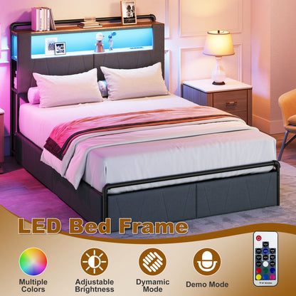 Pikvki Bed Frame with 2 Storage Drawers, Metal Platform Bed Frame with 2-Tier Storage Headboard, Charging Station & LED