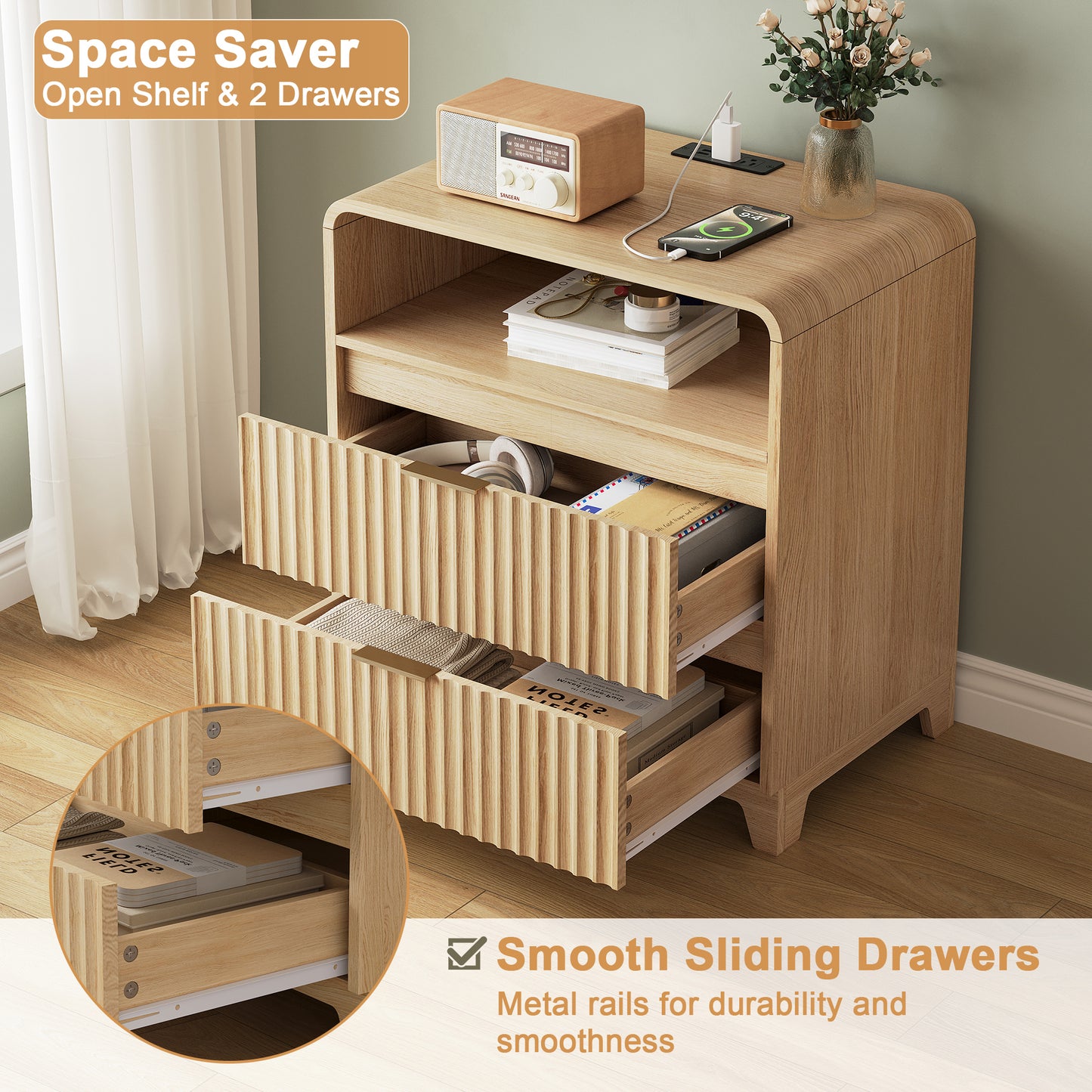 Pikvki Fluted Nightstand with Charging Station, Modern End Table with with Open Shelf and 2 Storage Drawers for Bedroom