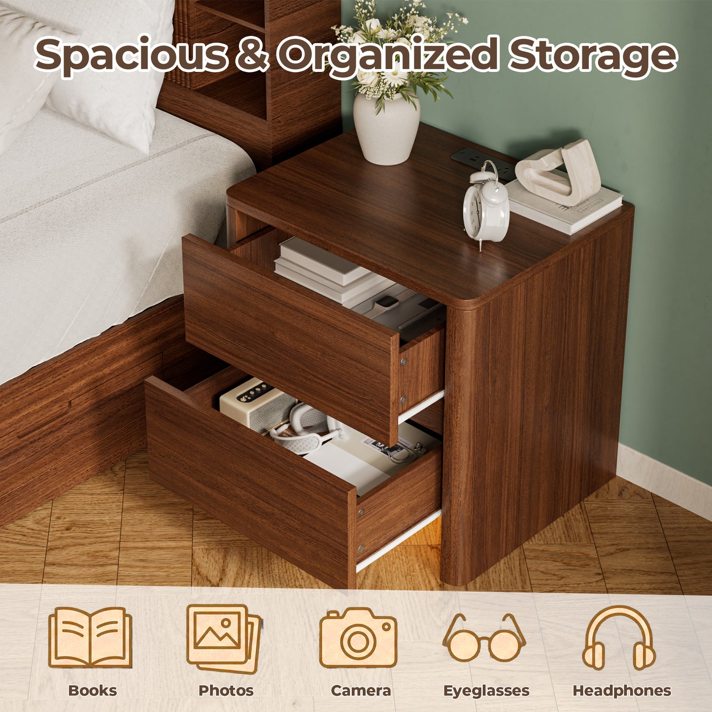 Pikvki Nightstand with Charging Station Set of 2, Modern Bedside Table End Table with LED Lights & 2 Drawer for Bedroom, Living Room