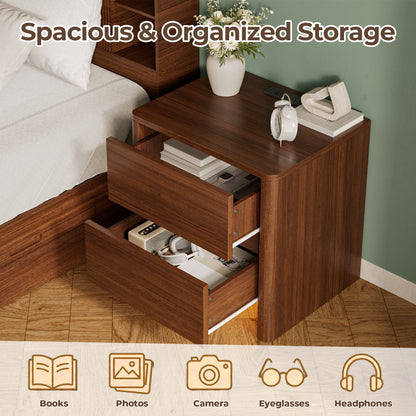 Pikvki Nightstand with Charging Station Set of 2, Modern Bedside Table End Table with LED Lights & 2 Drawer for Bedroom, Living Room