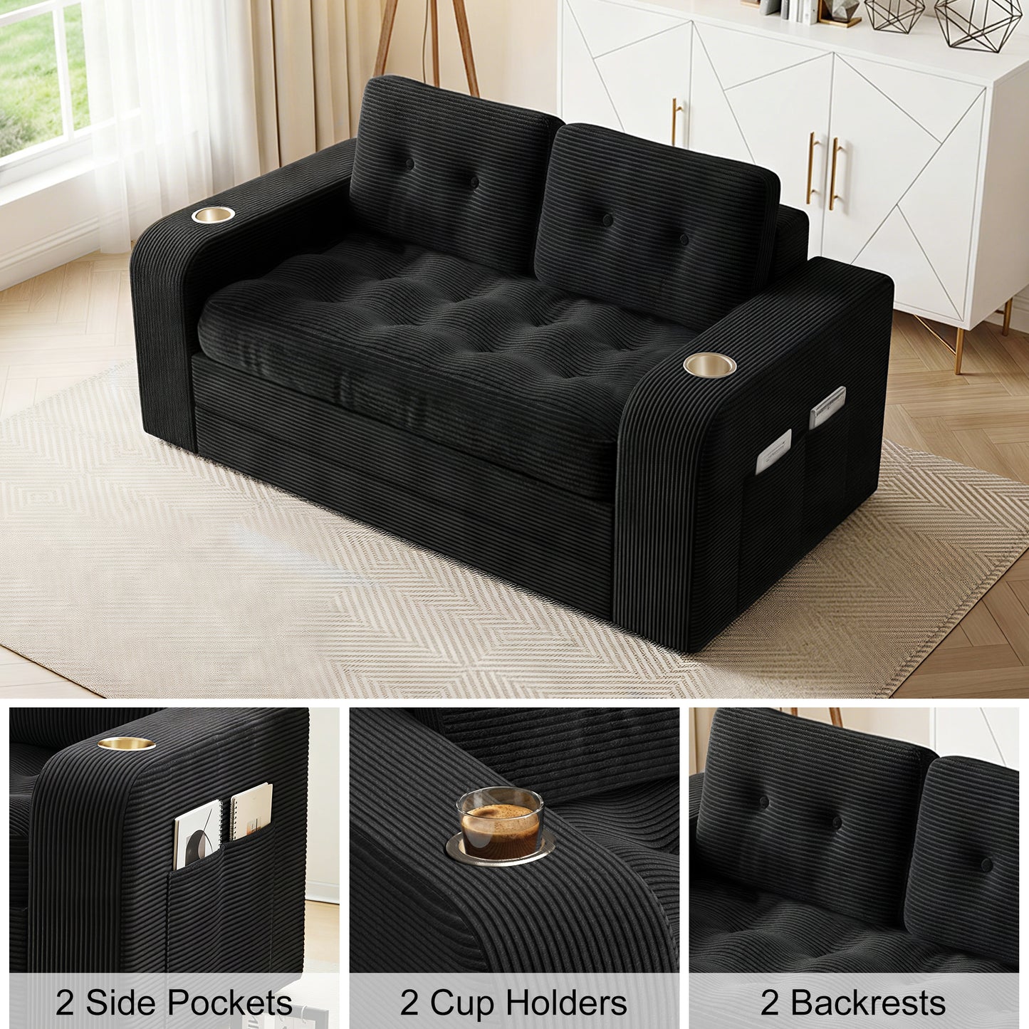 Pikvki 2 in 1 Convertible Sofa Bed with Side Pocket & Cup Holder, Corduroy Pull Out Loveseat Sleeper Sofa with Pillows for Living Room, Bedroom