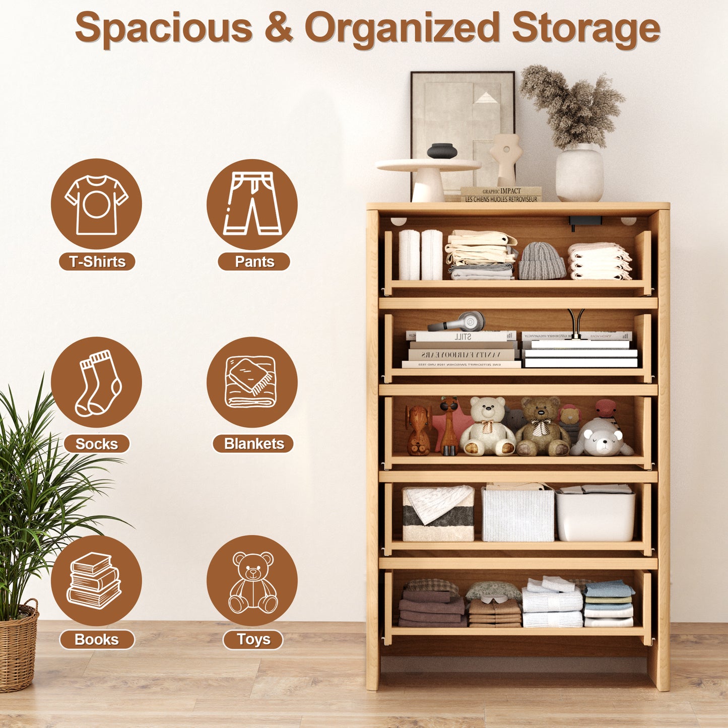 Pikvki 5 Drawer Dresser with Charging Station for Bedroom, 47" Modern Tall Chest of Drawers for Closet