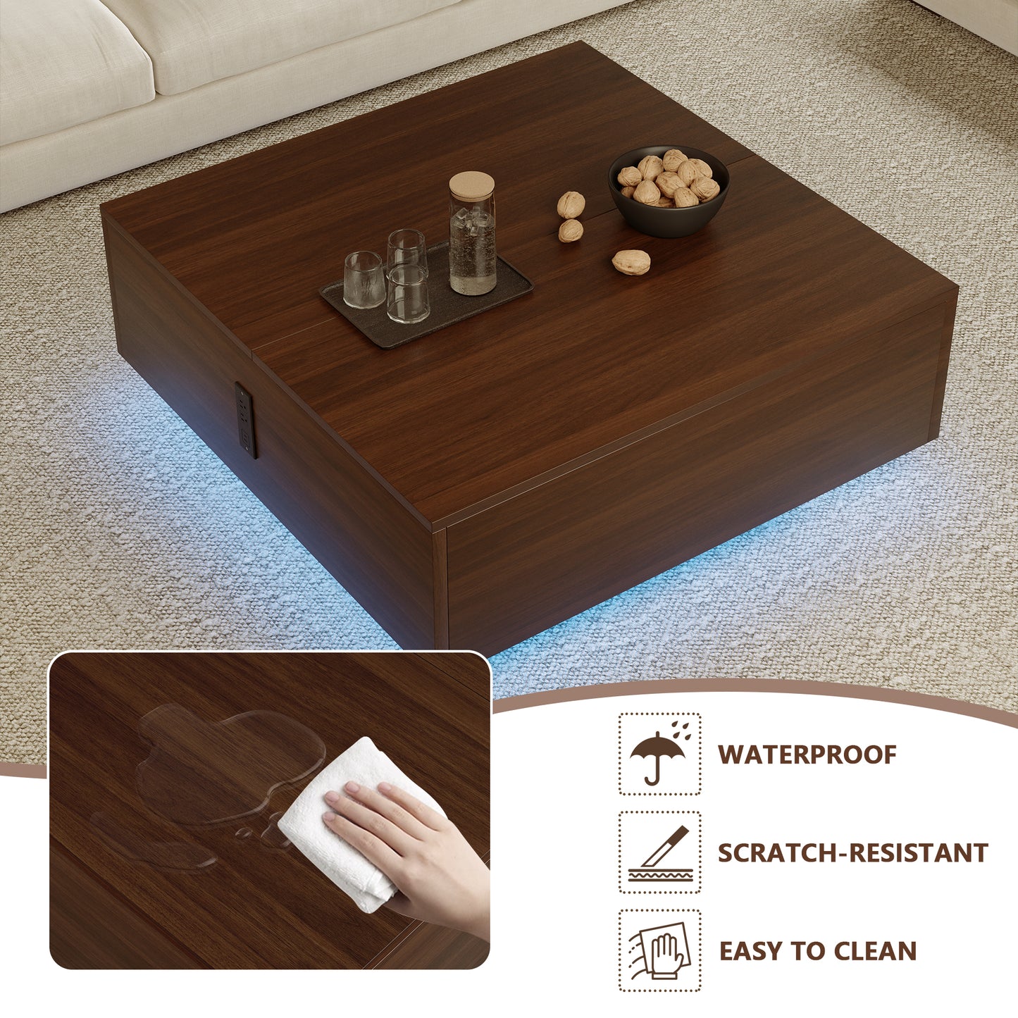 Pikvki Square Lift Top Coffee Table, 31.5" Wooden Coffee Table with 2 Drawers, LED Lights & Charging Station, Mid Century Modern Center Table for Living Room (Black)