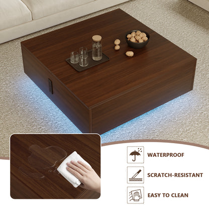 Pikvki Square Lift Top Coffee Table, 31.5" Wooden Coffee Table with 2 Drawers, LED Lights & Charging Station, Mid Century Modern Center Table for Living Room (Black)