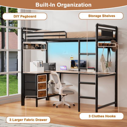 Pikvki Rustic Loft Bed Twin Size with Desk & 3 Fabric Drawers, Industrial Metal Loft Bed with LED & Charging Station for Bedroom