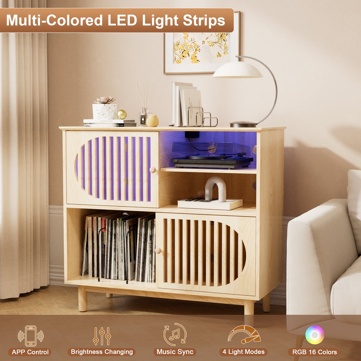 Pikvki Large Record Player Stand with Charging Station, Vinyl Record Cabinet, Wood Turntable Stand for Music Living Room