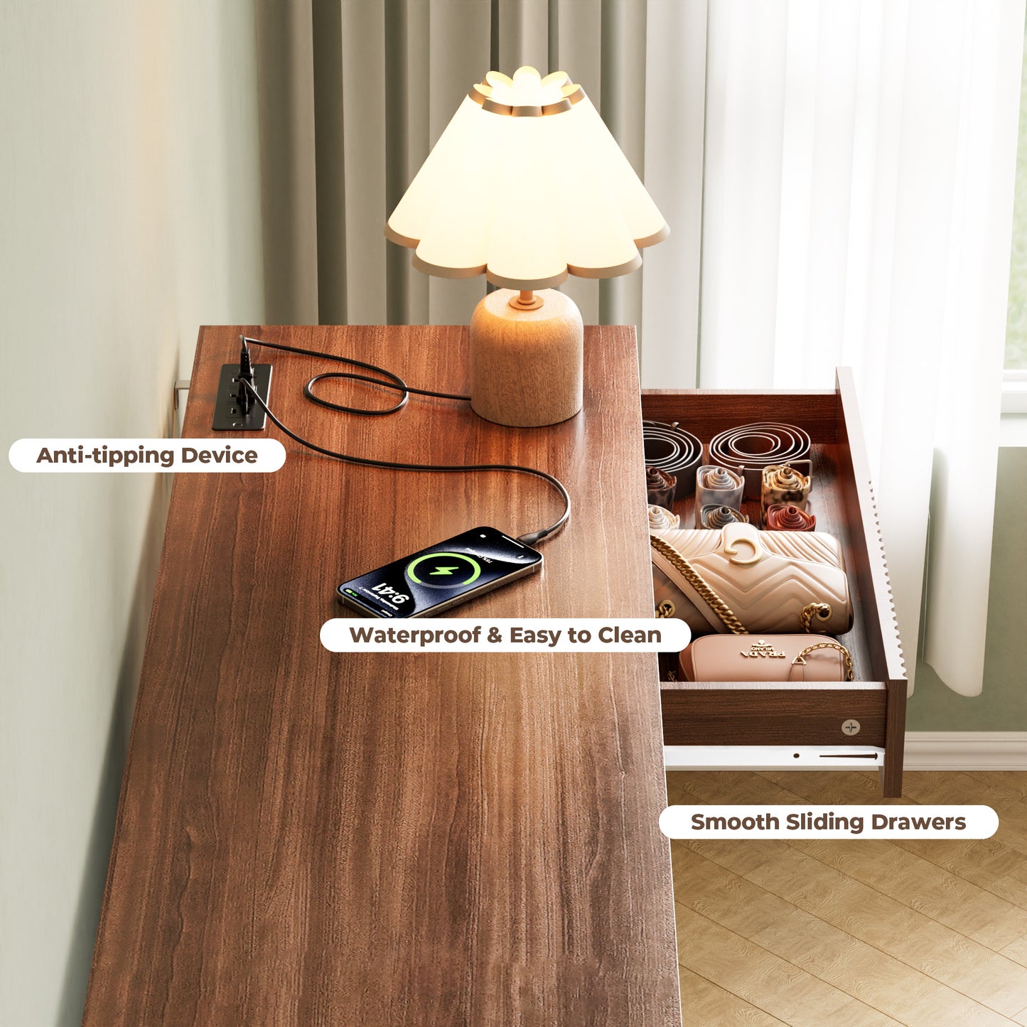 Pikvki Fluted 8 Drawer Dresser with Charging Station for Bedroom, 47.3" Modern Wide Chest of Drawers for Closet, Natural Oak