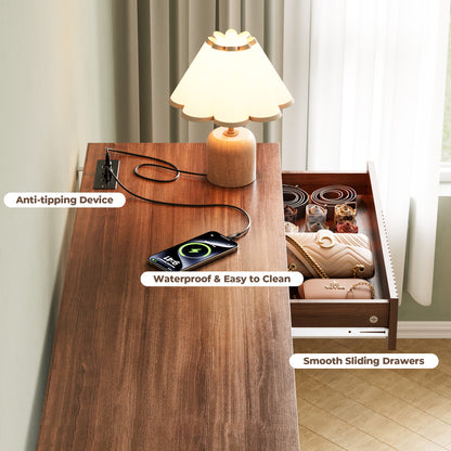 Pikvki Fluted 8 Drawer Dresser with Charging Station for Bedroom, 47.3" Modern Wide Chest of Drawers for Closet, Natural Oak