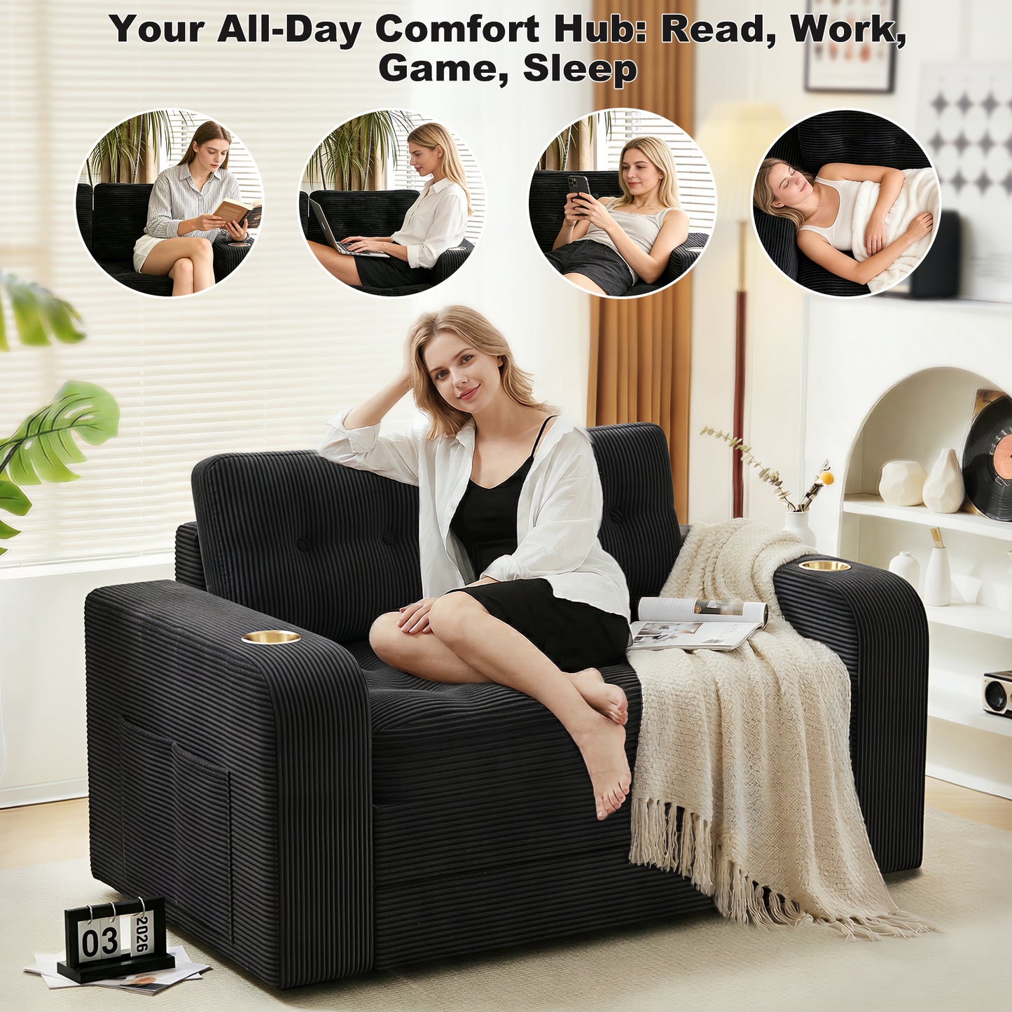 Pikvki 2 in 1 Convertible Sofa Bed with Side Pocket & Cup Holder, Corduroy Pull Out Loveseat Sleeper Sofa with Pillows for Living Room, Bedroom