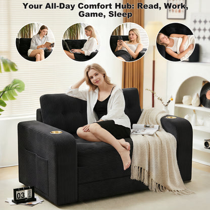 Pikvki 2 in 1 Convertible Sofa Bed with Side Pocket & Cup Holder, Corduroy Pull Out Loveseat Sleeper Sofa with Pillows for Living Room, Bedroom