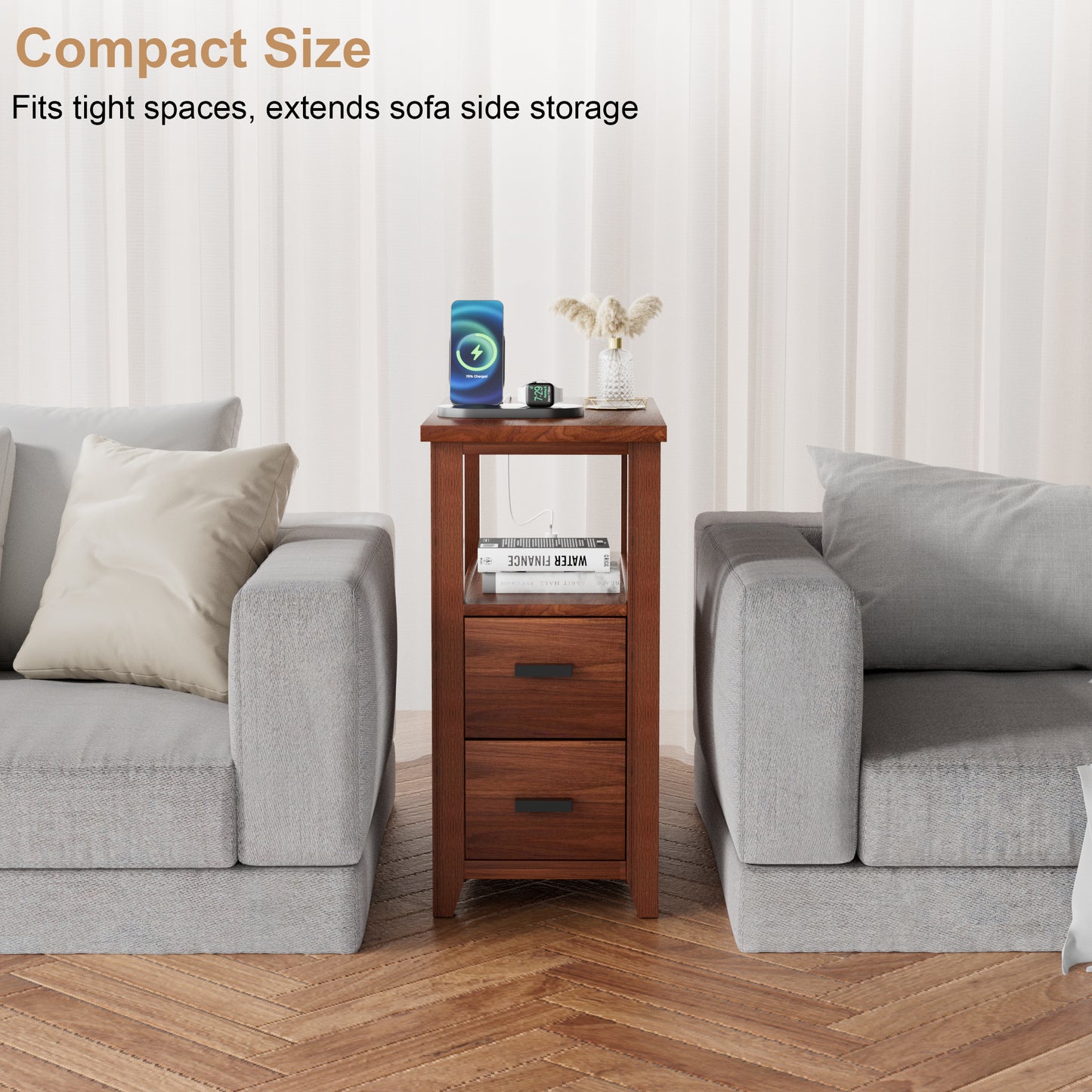 Pikvki End Table with Charging Station, Nightstand with 2 Drawers for Living Room, Bedroom