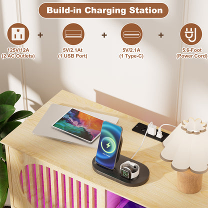 Pikvki Large Record Player Stand with Charging Station, Vinyl Record Cabinet, Wood Turntable Stand for Music Living Room