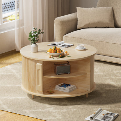 Pikvki Round Coffee Table Lift Top with Storage and Sliding Door, 31.5" Mid Century Fluted Small Center Table for Living Room