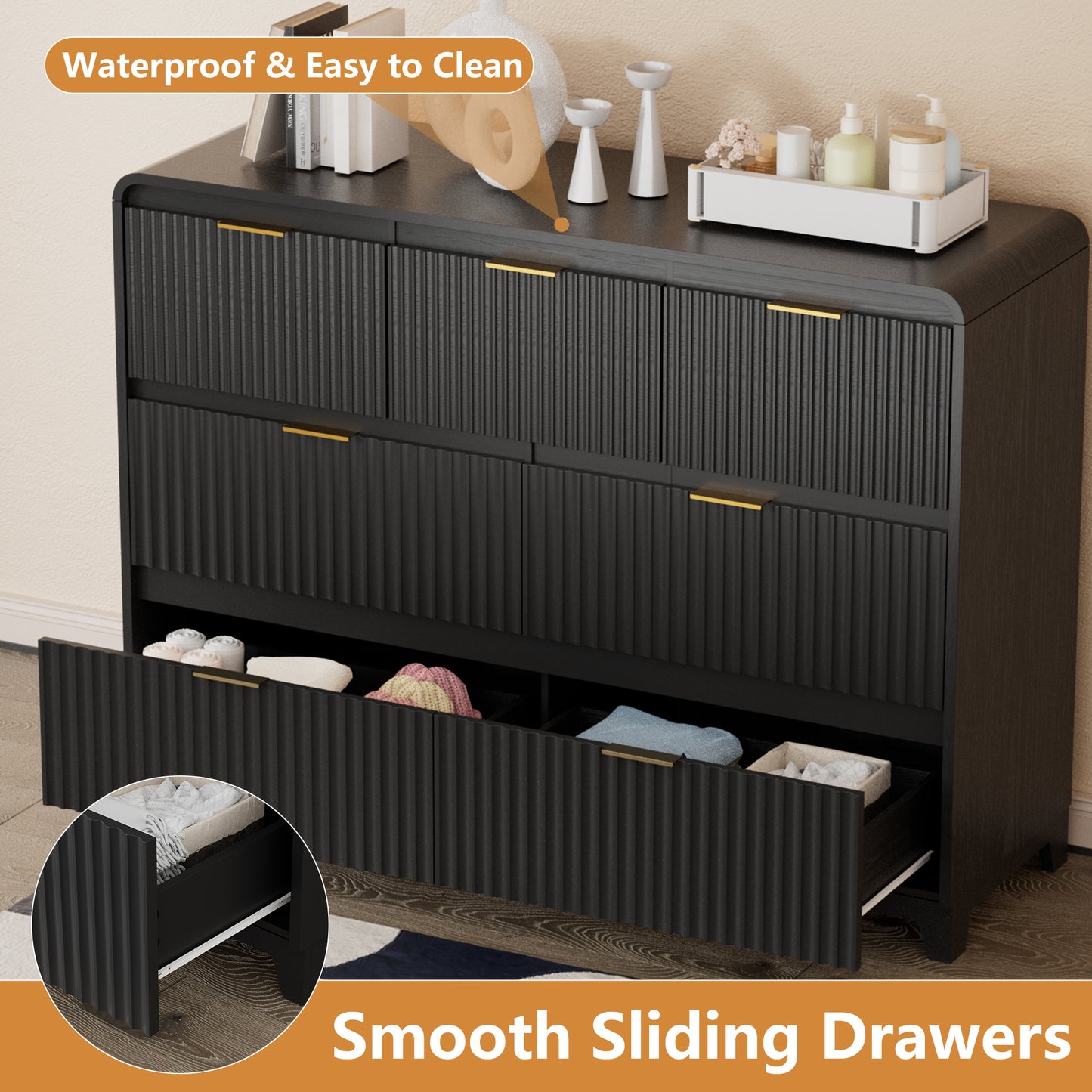Pikvki Fluted 7 Drawers Dresser for Bedroom, 47.2" Wide Modern Chest of Drawers with Metal Handle, TV Stand for Living Room