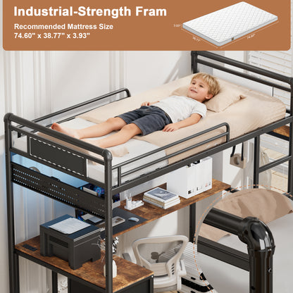 Pikvki Rustic Loft Bed Twin Size with Desk & 3 Fabric Drawers, Industrial Metal Loft Bed with LED & Charging Station for Bedroom
