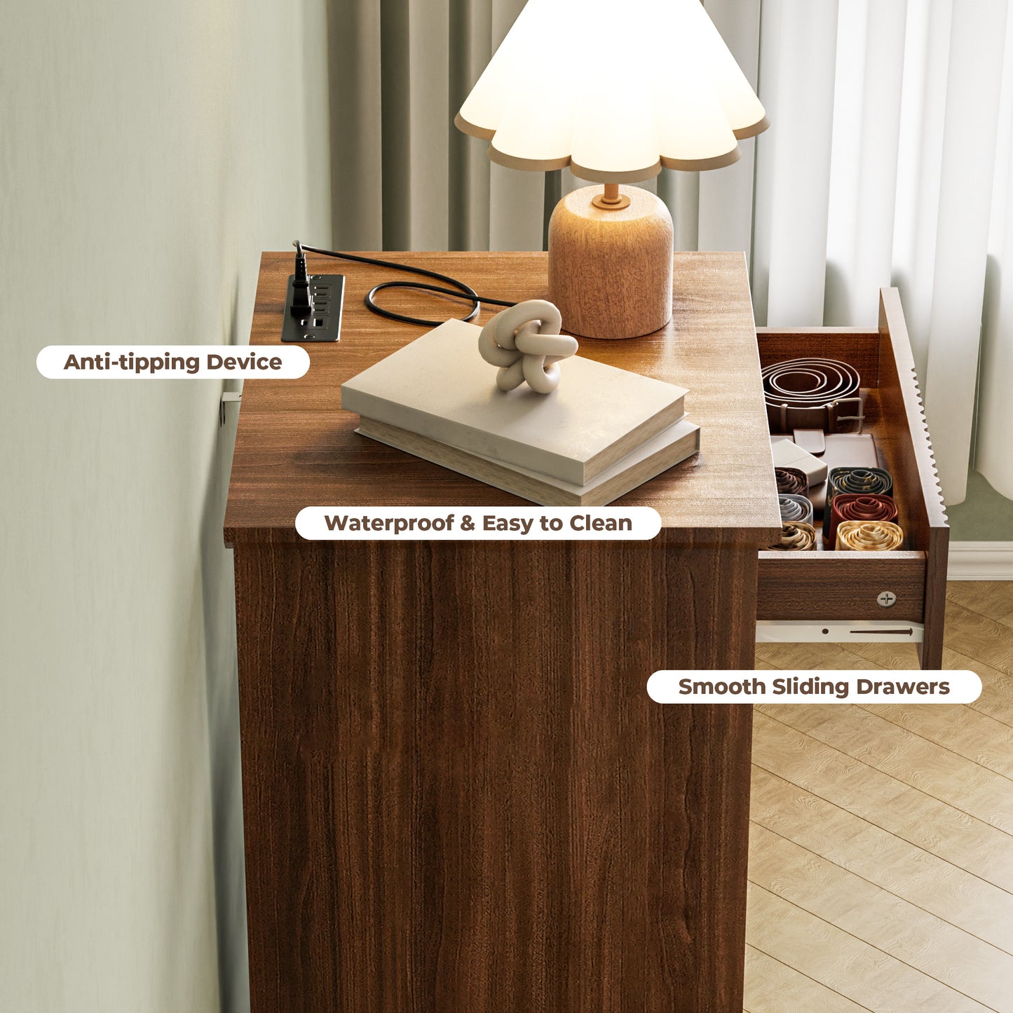 Pikvki Fluted 6 Drawer Dresser with Charging Station for Bedroom, 49" Modern Tall Narrow Chest of Drawers for Closet