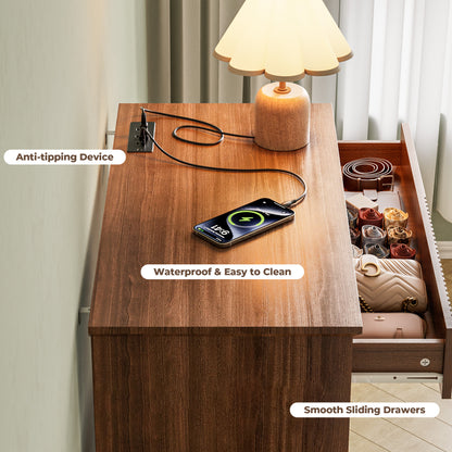 Pikvki Fluted 6 Drawer Dresser with Charging Station for Bedroom, 49" Modern Tall Chest of Drawers for Closet
