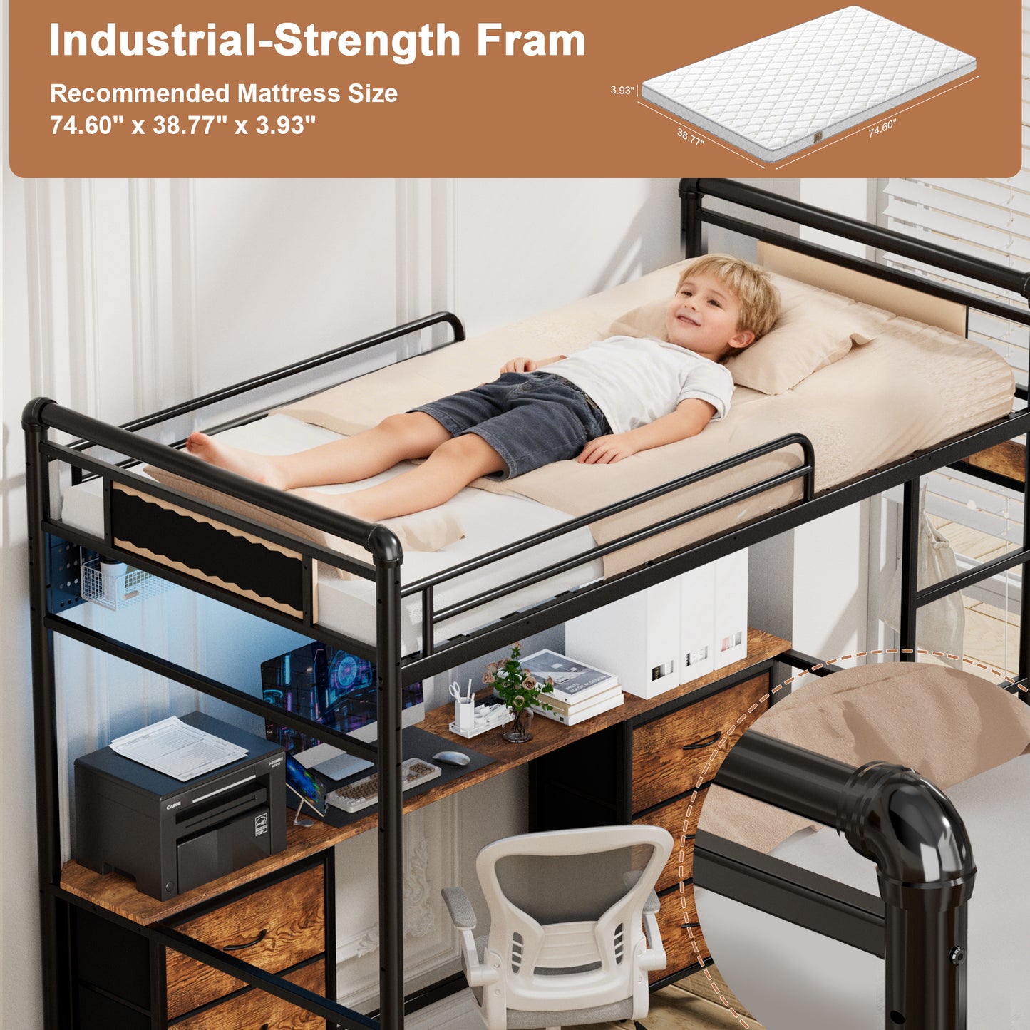 Pikvki Rustic Loft Bed Twin Size with Desk & 6 Fabric Drawers, Industrial Metal Loft Bed with LED & Charging Station for Bedroom