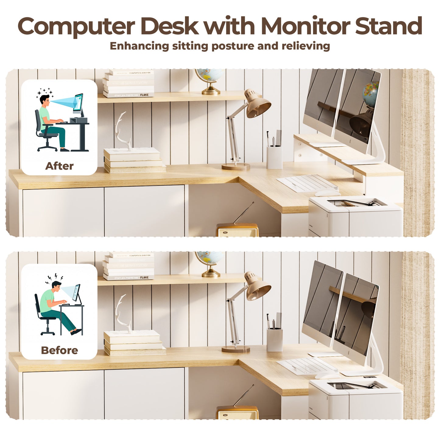 Pikvki L Shaped Computer Desk with Drawers, Office Desk with Power Outlets, Storage Cabinet and Long Monitor Stand for Home Office
