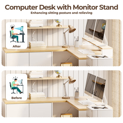 Pikvki L Shaped Computer Desk with Drawers, Office Desk with Power Outlets, Storage Cabinet and Long Monitor Stand for Home Office