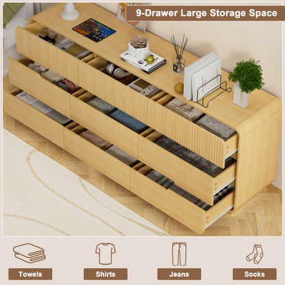 Pikvki 57.9" Wide 9 Drawer Dresser, Modern Fluted Wood Chest of Drawers with Anti-Tipping Device for Bedroom, Living Room