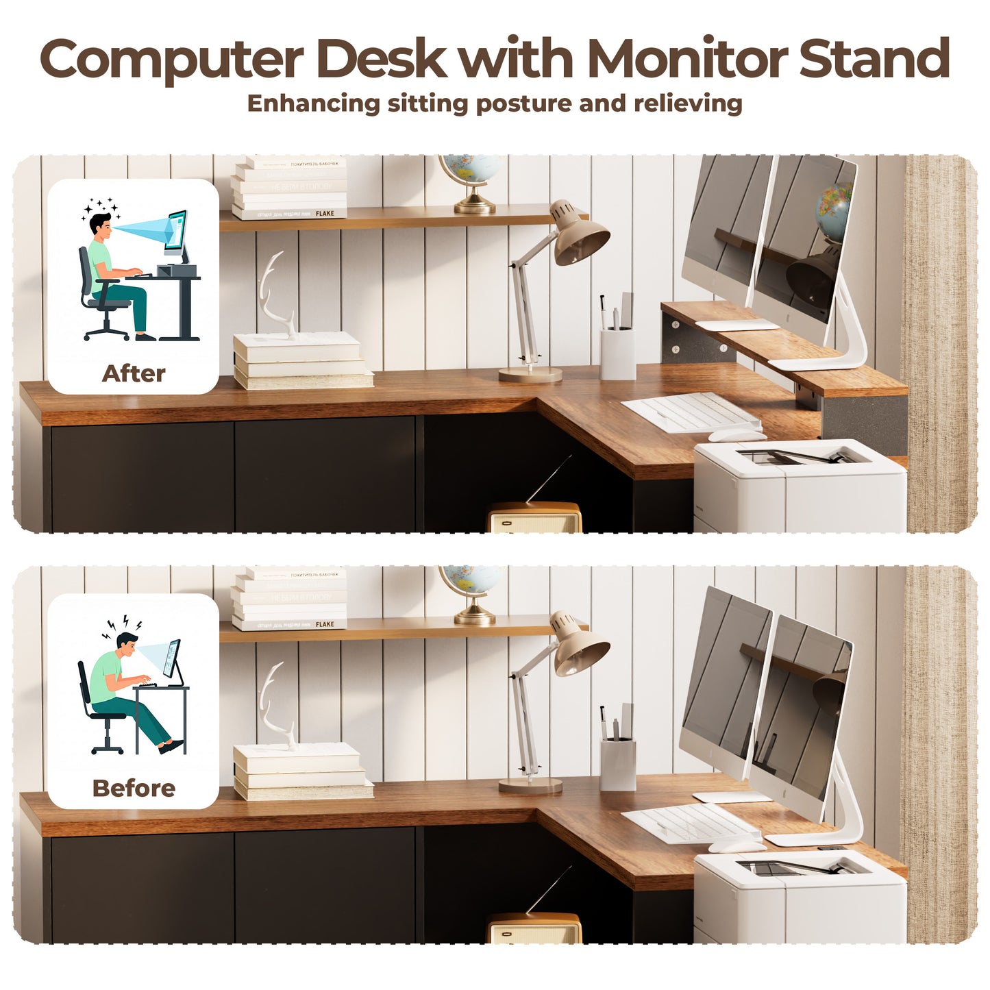 Pikvki L Shaped Computer Desk with Drawers, Office Desk with Power Outlets, Storage Cabinet and Long Monitor Stand for Home Office