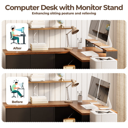 Pikvki L Shaped Computer Desk with Drawers, Office Desk with Power Outlets, Storage Cabinet and Long Monitor Stand for Home Office