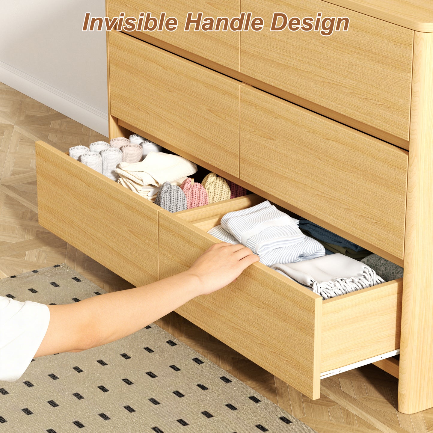 Pikvki 6-Drawer Double Dresser with Charging Station for Bedroom, Modern 47" Wide Chest of Drawers for Living Room
