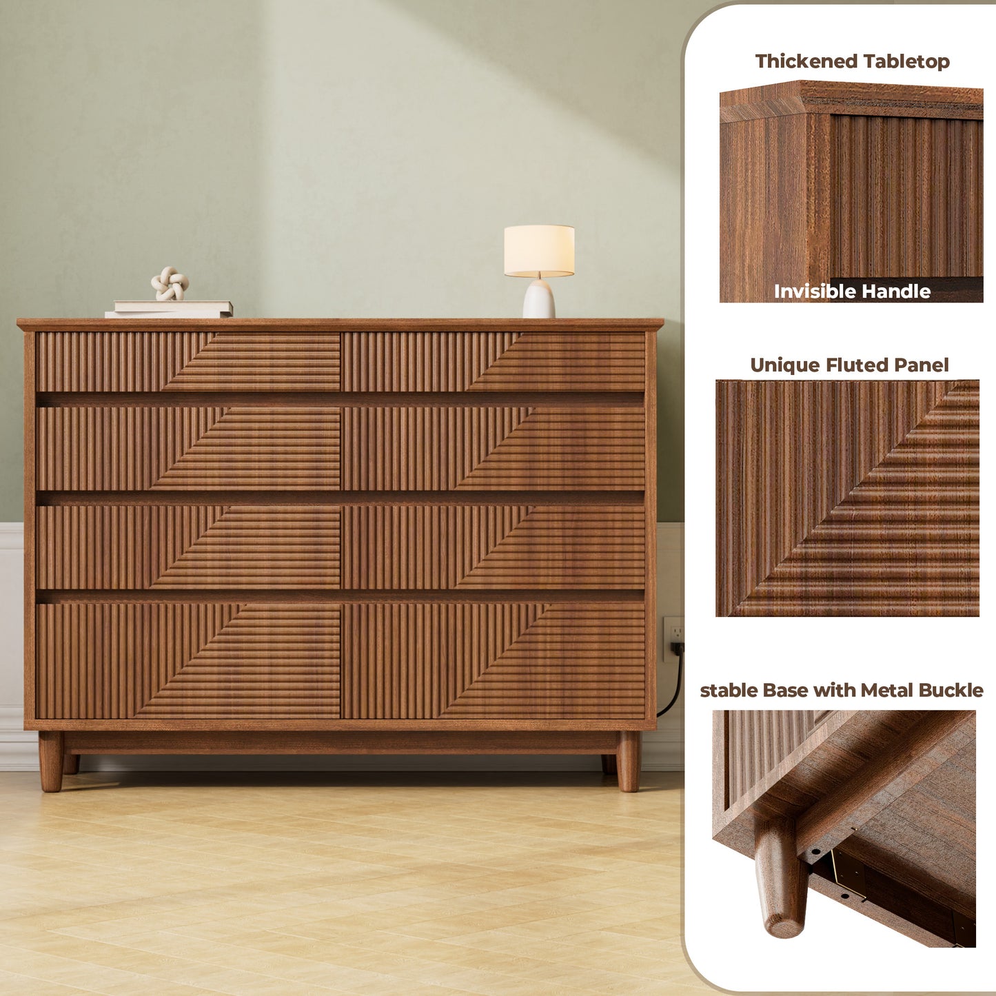 Pikvki Fluted 8 Drawer Dresser with Charging Station for Bedroom, 47.3" Modern Wide Chest of Drawers for Closet, Natural Oak