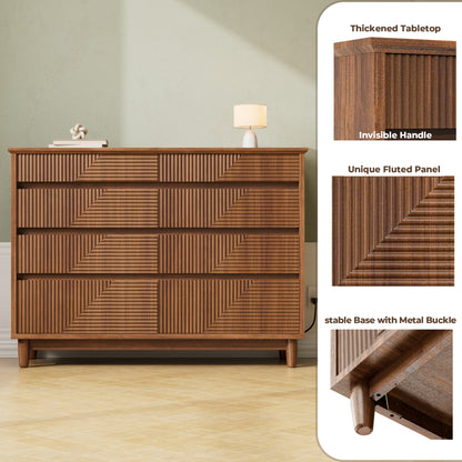 Pikvki Fluted 8 Drawer Dresser with Charging Station for Bedroom, 47.3" Modern Wide Chest of Drawers for Closet, Natural Oak