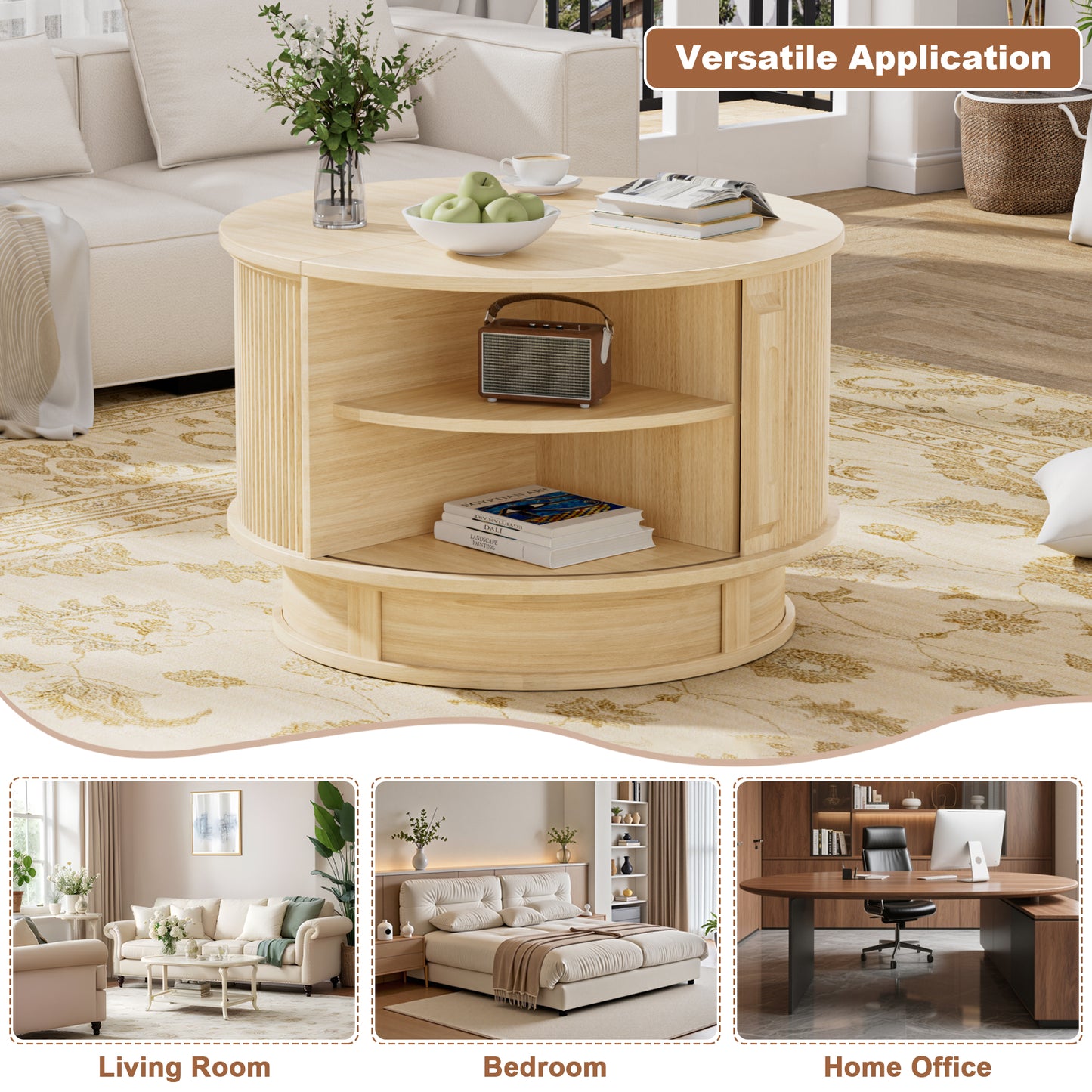 Pikvki Rotatable Round Coffee Table with Storage & Fluted Sliding Doors, 31.5" Modern Wooden Center Table for Living Room
